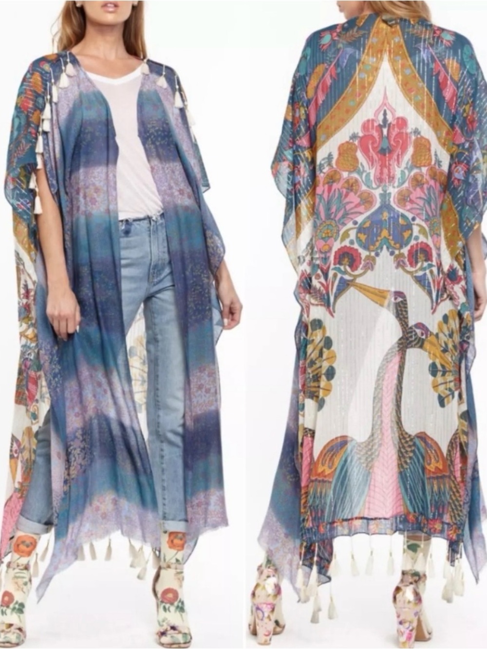 NWT Chico’s Aratta Silent Journey Peacock Duster Kimono Boho Teal Pink Tassle